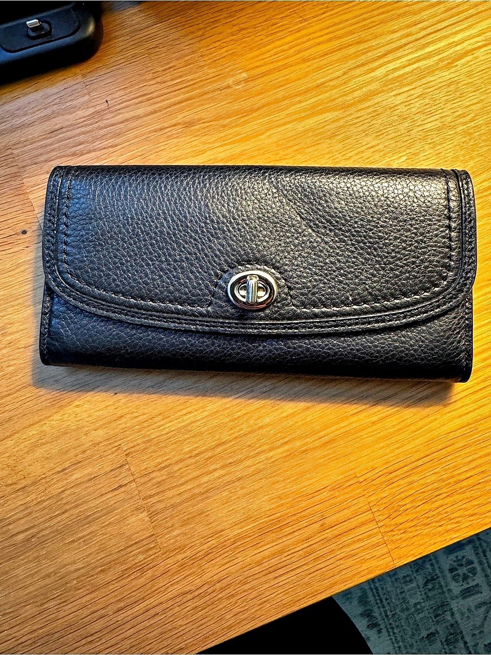 Coach Black Pebble Leather Turnlock Envelope Wallet